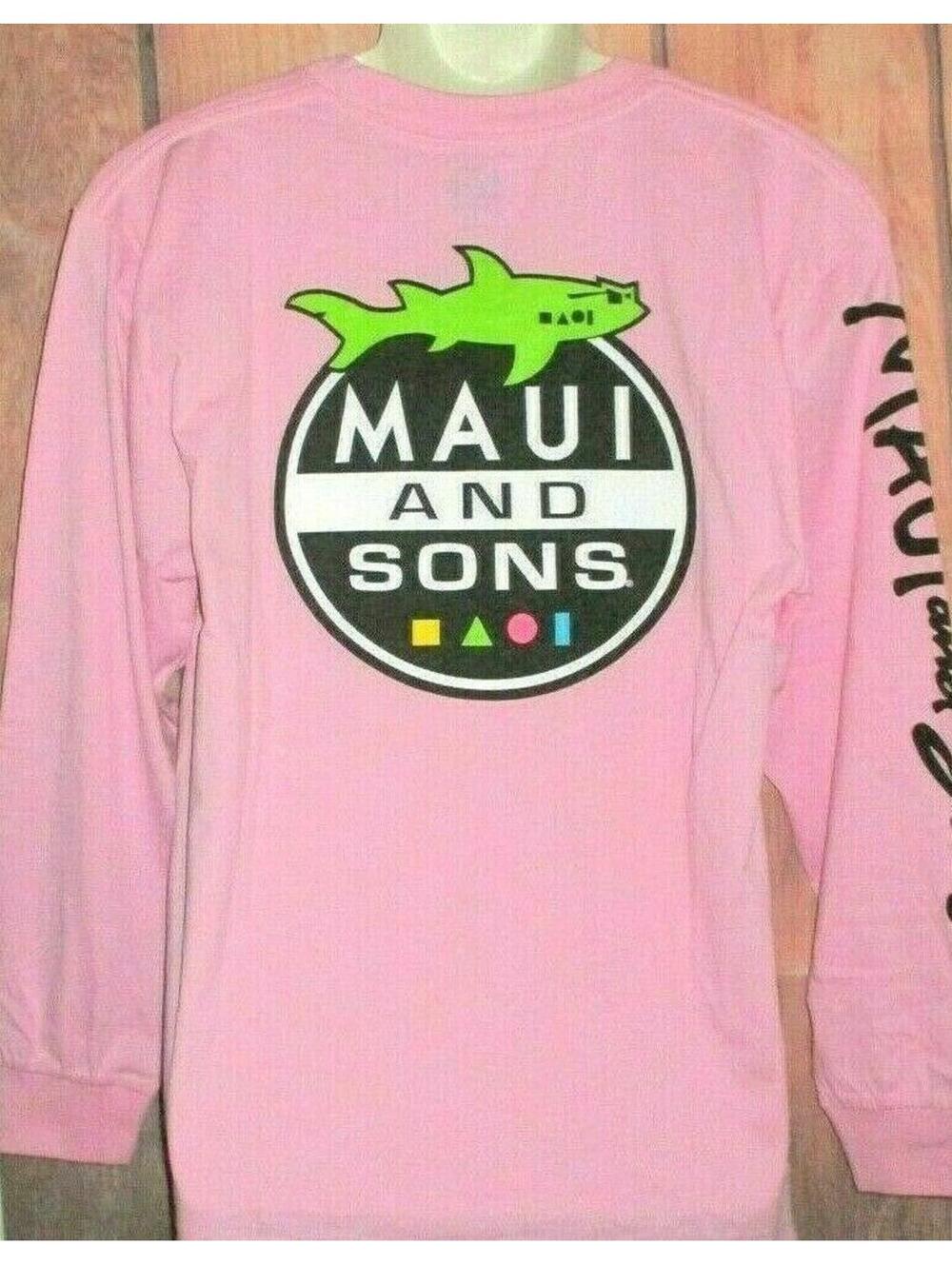 Maui and Sons Mens Shark Graphic T-Shirt Long Sleeve Logo Pink Size L NEW
